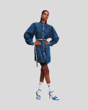KLJ BELTED PUFF-SLEEVE DENIM DRESS