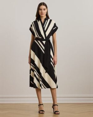 Striped Belted Crepe Dress Lauren Petite Cream/Black EXCLUSIVE