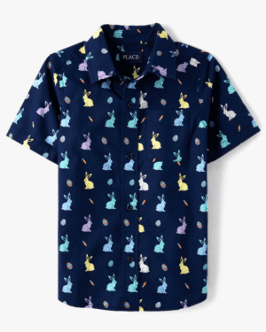 The Children’s Place  Boys Bunny Poplin Button Up Shirt - blue