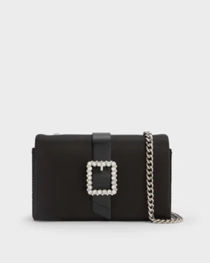NEW* Satin Crystal-Buckle Belted Chain-Handle Bag