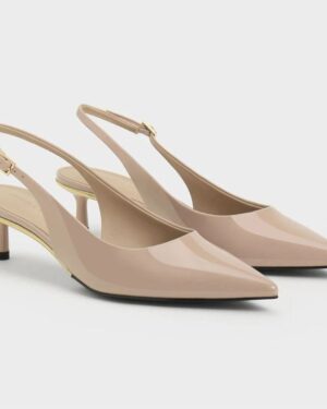 TRENDING NOW* Curtis Patent Pointed-Toe Kitten-Heel Slingback Pumps - Nude