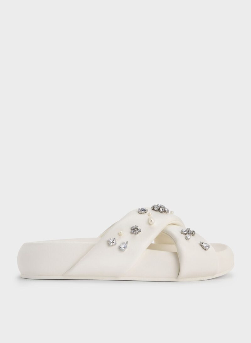 Gem & Pearl Flatform Sandals - White