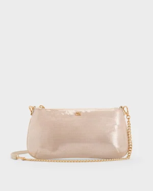 Sequin Mesh & Leather Shoulder Bag - Champagne Nude