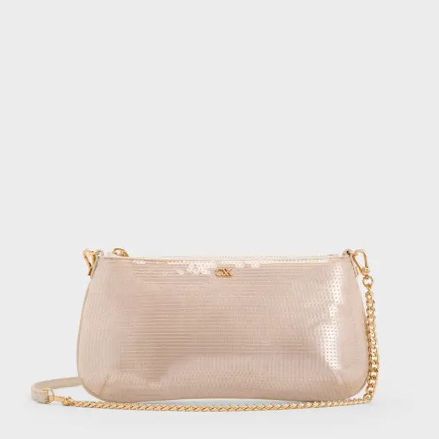 Sequin Mesh & Leather Shoulder Bag - Champagne Nude