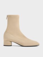 Faux Suede Stitch-Trim Heeled Ankle Boots - Sand
