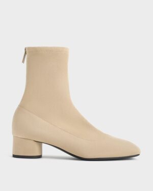 Faux Suede Stitch-Trim Heeled Ankle Boots - Sand