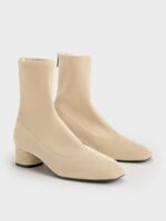 Faux Suede Stitch-Trim Heeled Ankle Boots - Sand