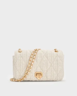 Arwen Tweed Diamond-Quilt Braided-Strap Shoulder Bag - Cream Tweed