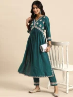Women & Rayon Embroidered Alia Cut Regular Kurta With Pant