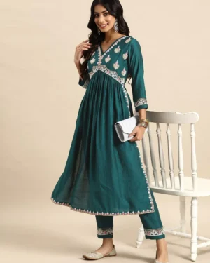 Women & Rayon Embroidered Alia Cut Regular Kurta With Pant