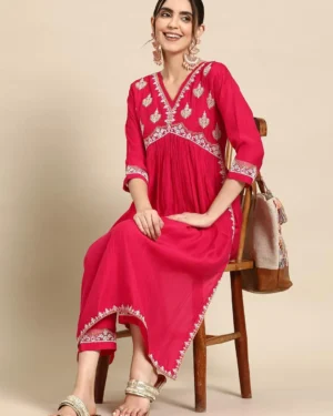 Women & Rayon Embroidered Alia Cut Regular Kurta With Pant