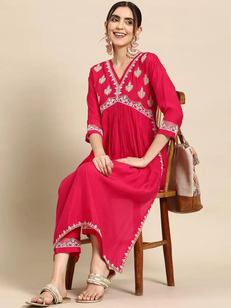 Women & Rayon Embroidered Alia Cut Regular Kurta With Pant