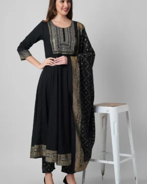 Women's Rayon Embroidered Anarkali Kurta Pant with Dupatta Set