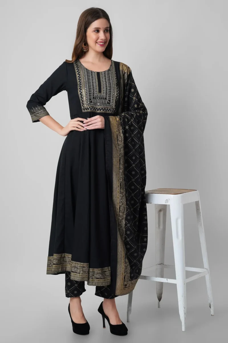 Women's Rayon Embroidered Anarkali Kurta Pant with Dupatta Set