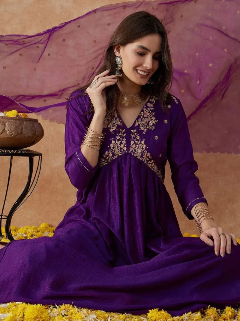 Rayon Women's Embroidered Alia Cut Kurta With Pant And Dupatta Set