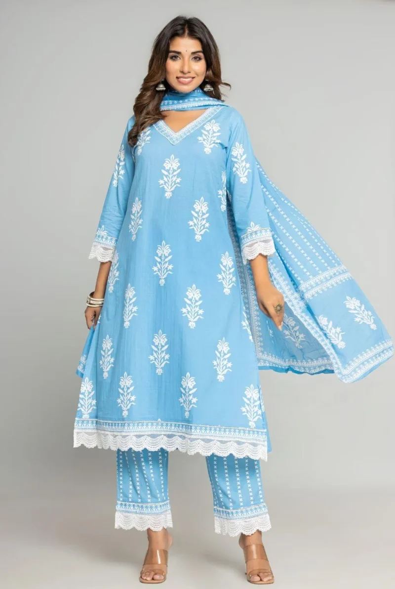 Women's Cotton Printed Straight Kurta with Palazzo Pants and Dupatta Set