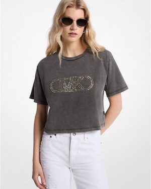 Studded Garment-Dyed Cotton Cropped T-Shirt