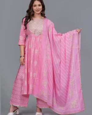 Women & Pure Cotton Printed Straight Kurta Set with Palazzo Pants & Dupatta- Ethnic Wear