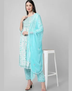 Material composition: 100% Rayon Length: Calf Length Sleeve type: 3/4 Sleeve Neck style: Round Neck Style: Pleated Material type: Rayon Country of Origin: India