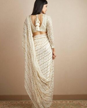 Georgette Embellished Saree With Unstitched Blouse Piece, Off White