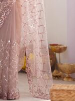 Women's Shimmer Net Embellished Saree With Unstitched Blouse Piece