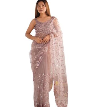 Women's Shimmer Net Embellished Saree With Unstitched Blouse Piece