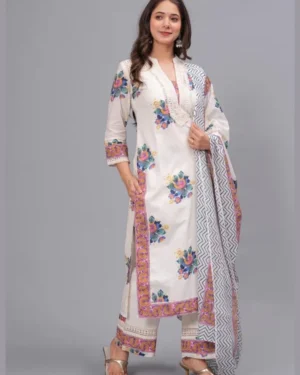 Pure Cotton Printed Straight Kurta Set with Palazzo Pants & Dupatta- Ethnic Wear