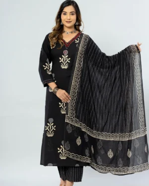 Women's Cotton Printed Straight Kurta with Pant and Dupatta Set