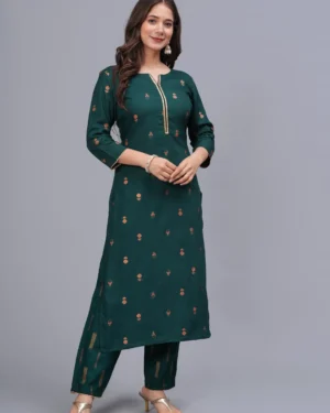Material compositionRayon LengthCalf Length Sleeve type3/4 Sleeve Neck styleRound Neck StyleSleeve:- 3/4 Regular Sleeves ; Neck Style:- Round Neck Material typeRayon Country of OriginIndia