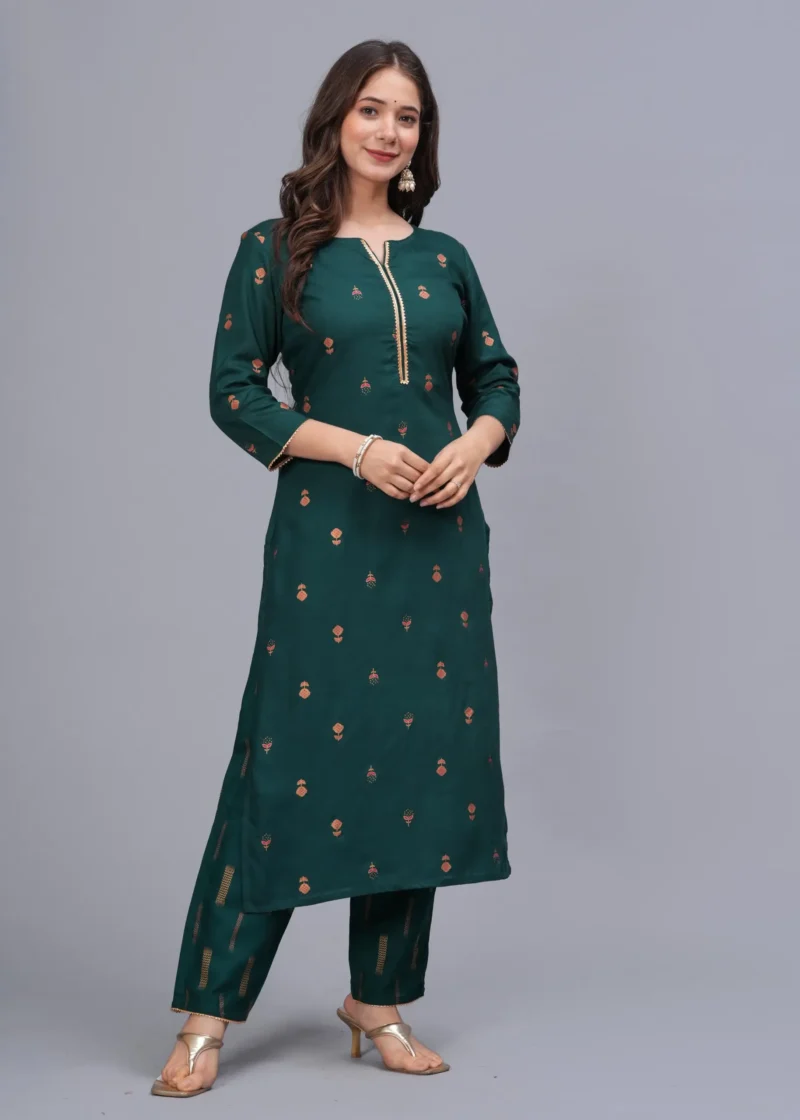 Material compositionRayon LengthCalf Length Sleeve type3/4 Sleeve Neck styleRound Neck StyleSleeve:- 3/4 Regular Sleeves ; Neck Style:- Round Neck Material typeRayon Country of OriginIndia