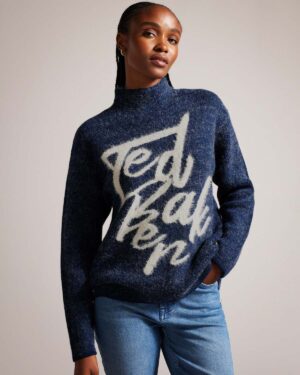 Ted Baker ALYANNN Branded Jacquard Knitted Jumper Women Sweaters Blue