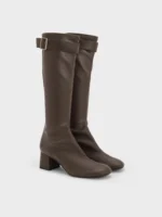 Gerry Buckled Block-Heel Knee-High Boots - Black | Rivella Couture