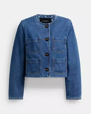 Collarless Denim Jacket In Organic Cotton | Rivella Couture