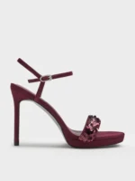 NEW Sequinned Ankle-Strap Stiletto Sandals - Burgundy