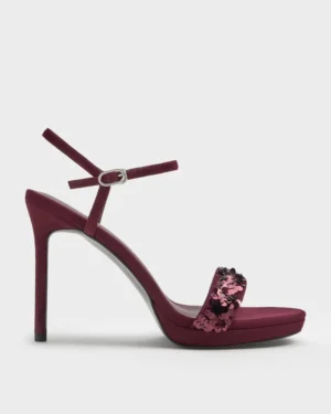 NEW Sequinned Ankle-Strap Stiletto Sandals - Burgundy