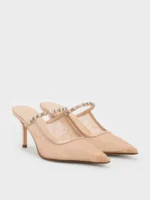 Lace & Satin Crystal Heeled Mules - Nude