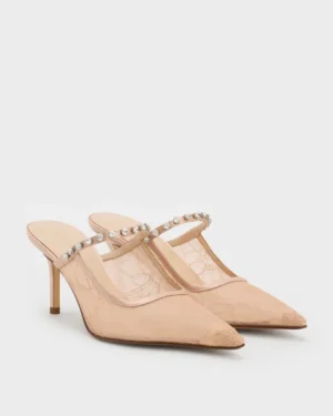 Lace & Satin Crystal Heeled Mules - Nude