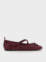 Charles & Keith NEW Sequinned Crossover Mary Jane Flats - Burgundy