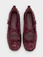Charles & Keith NEW Sequinned Crossover Mary Jane Flats - Burgundy
