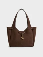 Mila Recycled Suede Metallic-Knot Drawstring Tote Bag - Espresso Brown