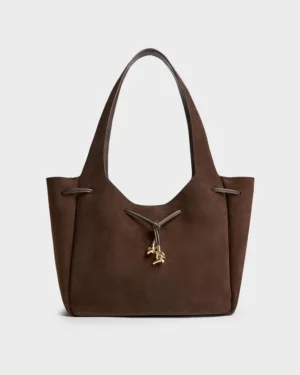 Mila Recycled Suede Metallic-Knot Drawstring Tote Bag - Espresso Brown