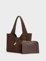 Mila Recycled Suede Metallic-Knot Drawstring Tote Bag - Espresso Brown