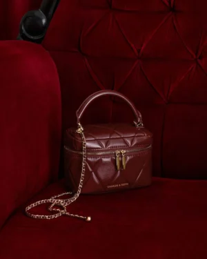 Charles&Keith NEW Arwen Quilted Top Handle Vanity Bag - Burgundy