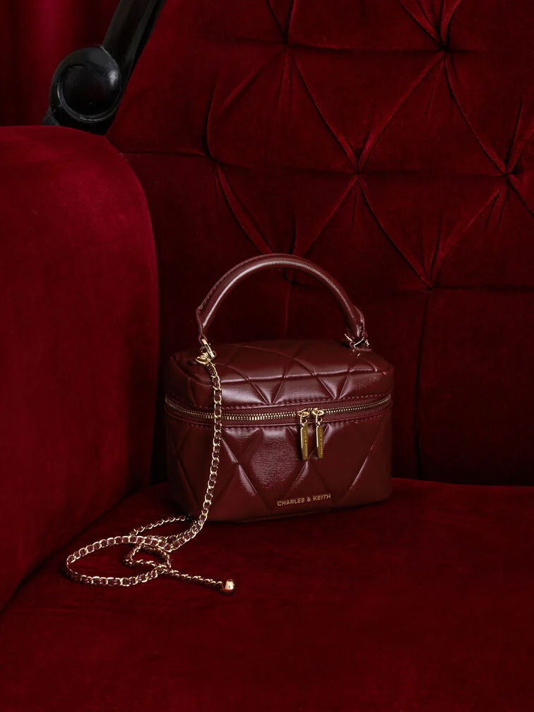 2025-L7-CK2-80782534-A-73-12 Charles&Keith NEW Arwen Quilted Top Handle Vanity Bag - Burgundy