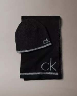 Calvin Kelin Flocked Monogram Logo Beanie and Scarf Set