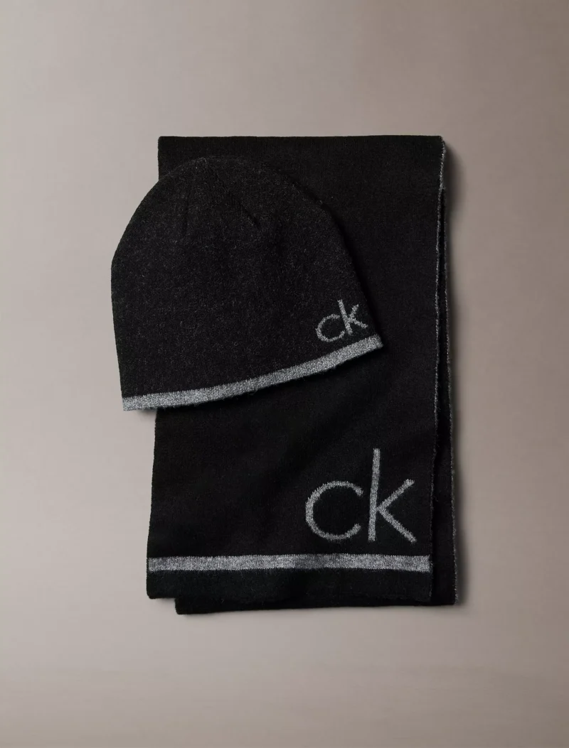 LX000015_001_main Calvin Kelin Flocked Monogram Logo Beanie and Scarf Set